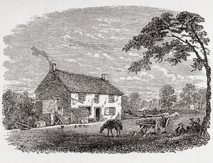 Geboorteplaats van George Stephenson. Een 18e-eeuws stenen huisje, het huis van George Stephenson, Wylam, Northumberland, Engeland, hier gezien in de 19e eeuw. Uit Great Engineers, gepubliceerd ca. 1890
