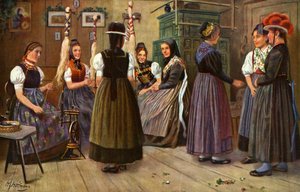 Duitse vrouwen aan het spinnenwiel