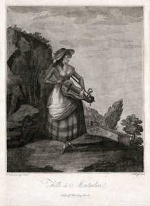 Meisje uit Montmelian, in Gironde, die het oude wiel speelt (gravure)
