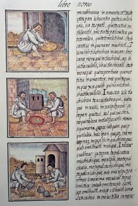 Goudverwerking na de Spaanse verovering, pagina uit de Florentijnse Codex, Algemene Geschiedenis van de Dingen van Nieuw-Spanje, door de Spaanse missionaris Fray Bernardino de Sahagun (1499-1590). Azteekse beschaving door William M. Timlin
