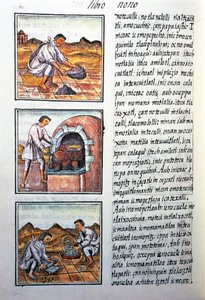 Goudverwerking door Spanjaarden, tekst in Nahuatl, uit facsimile van manuscript Algemene Geschiedenis van de Dingen van Nieuw-Spanje, ook bekend als Florentijnse Codex, door Bernardino de Sahagun door Benjamin Baud