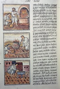 Goudproductie door de Spanjaarden, pagina uit de Florentijnse Codex, tweetalige versie in Spaans en Nahuatl, Algemene Geschiedenis van de Dingen van Nieuw-Spanje, door de Spaanse missionaris Fray Bernardino de Sahagun. Azteekse beschaving door William M. Timlin