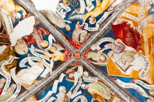 Gotische fresco; lofprijzing van de deugd; afkeuring van ondeugd; met schrift; 10. klooster; kathedraal; Brixen; Zuid-Tirol; Italië; Europa door Unbekannt