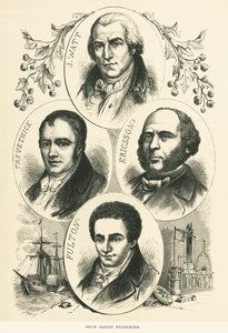 Grote ingenieurs en uitvinders: James Watt, John Ericsson, Robert Fulton, Richard Trevithick, ca. 1880