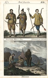 Groenlandse bewoners in huiden en een Inuit uit Labrador (Canada) met een drietand. Hieronder een dagelijks tafereel van het leven van een Inuit-familie voor een iglo, een tent en een kano, Noord-Amerika. Lithografie voor het boek: “Galerie complete en tab door Unbekannter Künstler