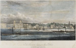 Stoomschepen van de Greenwich Transport Company (Greenwich, Royal Tar, Gipsy, Water Lily en Fly) voor de gebouwen van de Greenwich pier (Engeland)