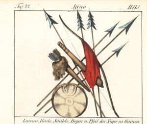 Guinee Conakry wapens, speren, knuppels, boog en pijlen in hun koker, schild. Lithografie voor het boek: “Galerie complete en tableaux fideles des peuples d