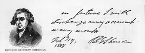 Handschrift en handtekening van Richard Brinsley Sheridan