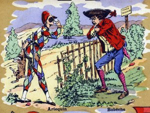 Harlekijn en Bobeche. Geïllustreerd alfabet. Beelden verenigd in Jarville-Nancy, begin 20e eeuw. Dim: 40 x 29 cm. Lithografie op een bistre achtergrond