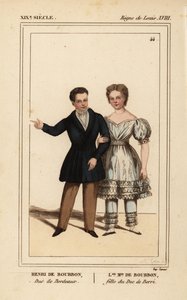 Henry, Graaf van Chambord, Hertog van Bordeaux en Louise Marie Therese van Artois, dochter van de Hertog van Berry. Handgekleurde lithografie door Madame Calon uit Le Bibliophile Jacob aka Paul Lacroix
