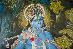 Hindoeïsme; schilderij van Heer Krishna met fluit; Durgiana Mandir Vishnu Tempel; Amritsar; Punjab; India; Zuid-Azië; Azië door Unbekannt