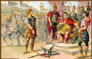 Geschiedenis. Oud Rome. Vercingetorix (leider van een Gallische stam: de Averni) geeft zich over aan Julius Caesar in Alesia, 52 v.Chr. Beeld, Frankrijk, ca. 1900.