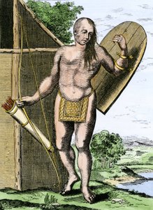 Geschiedenis van inheemse volkeren: Een Indiaan uit Canada met een schild, een boog en pijlen in een koker door Unbekannter Künstler