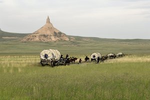 Geschiedenis van de verovering van het Westen: Amerikaanse pioniers. Reizen van verschillende families die de vlaktes van de Verenigde Staten doorkruisen in diligence