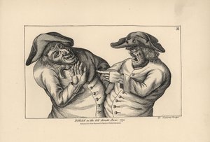 Hodge en Roaf beschuldigen elkaar van het achterlaten van een pot urine in plaats van een kruik bier. Gravure door Thomas Sanders naar een satirische illustratie van Timothy Bobbin (John Collier) uit Human Passions Delineated, John Haywood, Manchester door Unbekannter Künstler