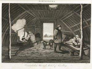 Hut van Kamtsjatka (verre oostelijke schiereiland van Rusland) en transport slee, circa 1810