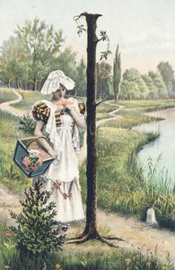 I : Een vrouw in een jurk, schort en kapje houdt een mand op haar rechterarm. Landelijke omgeving - Alphabet personages Ref Th. E., L. Theochrom - Serie 994. Theodor Eisman, uitgever, Leipzig door Unbekannt