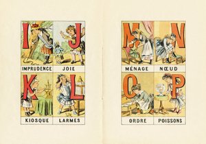 I - Onvoorzichtigheid; J - Vreugde; K - Kiosk; L - Tranen; M N O P - Huishouden, Knoop, Orde, Vissen - Gravure uit ABCD des petites filles, Pellerin & Cie, Epinal, circa 1890 door Unbekannt