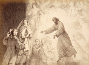 In de sfeer van Mars ontmoet Dante de geest van zijn voorouder Cacciaguida. Illustratie van Canto XV in Paradiso van De Goddelijke Komedie door Dante Alighieri. Werk van Francesco Scaramuzza gewijd aan de gemeente Florence.