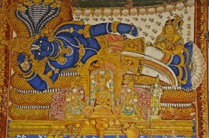 India, Tamil Nadu, Srirangam, Sri Ranganathasvami Hindoe Tempel, muurschildering van Vishnu