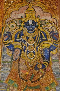 India, Tamil Nadu, Srirangam, Sri Ranganathasvami Hindoe Tempel (oorspronkelijk 10e eeuw), muurschildering van Vishnu door Unbekannt