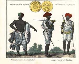 Indiase kostuums: een man van de Coromandelkust en twee soldaten uit Mysore. Met een gouden munt van de Oost-Indische Compagnie. Lithografie voor het boek: "Galerie complete en tableaux fideles des peuples d