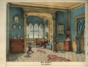 Interieurdecoratie: een slaapkamer en meubels. Plaat uit een Frans-Duits kinderwoordenboek