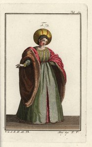 Italiaanse edelvrouw in hofkleding met bontgevoerde jas met volumineuze mouwen door Unbekannter Künstler