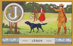J : Jager - Alfabet Palmin. Serie chromolithografieën uitgegeven door H. Schlinck & Cie, Hamburg, s. d. . Reclame voor Palmin feinstes Cocosfett. Afmetingen: 7 x 11 cm door Unbekannter Künstler