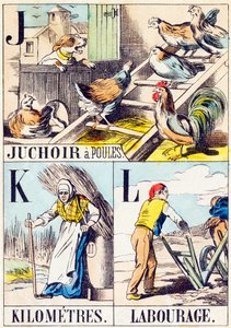 J K L : Kippenhok, Kilometers, Ploegen - "Alfabet van de boerderij" eind 19e eeuw (gravure) door Unbekannt