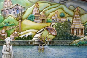 Jalaram Prathna hindoe tempel, Leicester. Kunstwerk dat het leven van Jalarambapa uitbeeldt, Verenigd Koninkrijk door Unbekannt