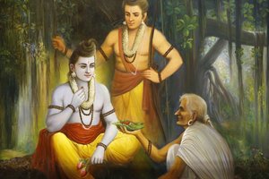 Jalaram Prathna hindoe tempel, Leicester. Fresco. Rama ontmoet Shabari die voedsel aanbiedt aan Ramacandra, Verenigd Koninkrijk door Unbekannt