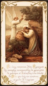 Jezus knielend in gebed in de Hof van Getsemane, een engel presenteert hem een kelk. Begin 20e eeuw (ansichtkaart)