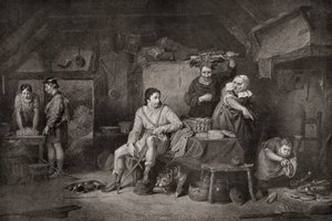 Koning Alfred in het huisje van de veehouder. Alfred de Grote, ca. 848-899. Koning van Wessex. De legende vertelt hoe Alfred, toen hij naar de Somerset Levels vluchtte, onderdak kreeg van een boerenvrouw die, onwetend van zijn identiteit, hem achterliet om door Unbekannter Künstler