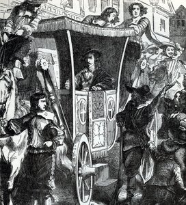 Koning Karel I door de menigte na de mislukte poging om de vijf parlementsleden John Pym, John Hampden, Denzil Holles, William Strode en Arthur Haselrig te arresteren op 4 januari 1642. 19e eeuw (gravure uit 