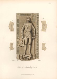 Ridder in harnas 15e eeuw, met details van de bindingen op de knieën en ellebogen - Grafsteen van Peter von Stettenberg, overleden 1441 - Chromolithografie, tekening door Jakob Heinrich von Hefner-Alteneck (1811-1903), voor zijn boek Costumes, crafts and i door Unbekannter Künstler