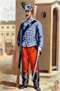 L: Huzaar. Gravure in "Militair Alfabet". Initialen van de illustrator: A. D. Onbekende uitgever. Chromolithografieën eind 19e eeuw.