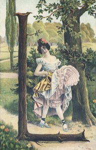 L - Een vrouw met bloemen in haar haar tilt haar rokken op om een danspas te maken. Landelijk decor - Alphabet personnages, Theodor Eisman, Leipzig door Unbekannt