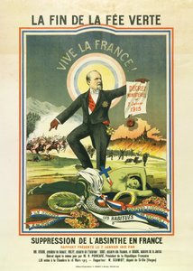 Het einde van de groene fee, lithografie bij het verbod op absint in Frankrijk in 1915