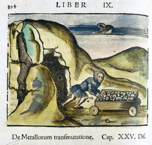 De mijn 16e eeuw: een man duwt een kar vol erts naar de ingang van een mijn door Unbekannt