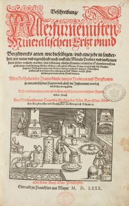 Laboratorium voor mineraalanalyse, met oven, instrumenten en gereedschappen - Titelpagina van Beschrijving van mineralen en de belangrijkste mijnbouwmethoden, door Lazarus Ecker - Alchemie & Vroege Chemie Titelpagina uit een boek over metallurgie door Unbekannt