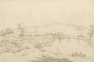 Landschap aan de rivier, met bruggen en boten door Unbekannter Künstler