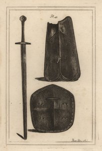 Grote borstplaat of kuras, schild geperforeerd in het midden en tweehands zwaard dat allemaal toebehoorde aan Guy, graaf van Warwick (kopergravure) door Unbekannt