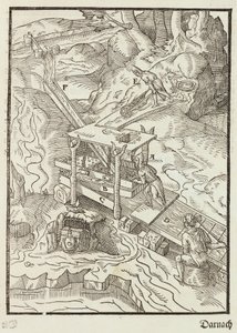 Wassen van gouderts - Gravure uit Beschrijving van de ertsen en de belangrijkste mijnbouwmethoden, door Lazarus Ecker