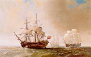 Het Spaanse schip San Hermenegildo tijdens de slag bij Trafalgar op 21/10/1805: Het stond tegenover de Frans-Spaanse vloot onder bevel van admiraal Villeneuve, tegen de Britse vloot onder bevel van vice-admiraal Nelson. Anonieme schilderij uit de 19e eeuw