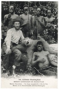 De cynocephalus aap met leeuwenkop, ca. 1910 (litho)