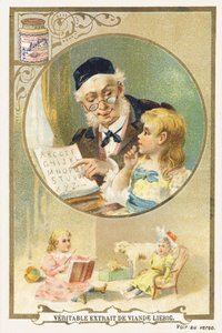 Lezing met grootvader. Chromolithografie reclame die in een cirkelvormig kader een oudere persoon en een kind aan zijn zijde toont. Onderaan de afbeelding een meisje zittend omringd door speelgoed. Uitgegeven door Compagnie Liebig, Parijs, eind 19e eeuw. A door Unbekannt