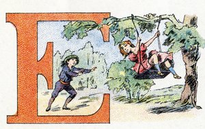 Letter E: Schommel. Alfabet van Phosphatine Falieres. Gravure. Brevete alfabet S.G.D.G. door apotheker Pierre Emile Falieres. Illustraties in chromolithografie, eind 19e eeuw. door Unbekannt