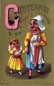 Letter G: Grotesken toegelaten tot de tentoonstelling. Gravure in "Alphabet des grotesques". Serie van 25 reclamechromolithografieën op een gouden achtergrond, eind 19e eeuw.