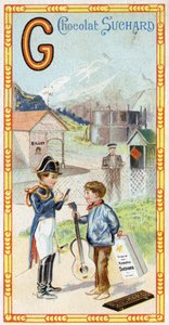 Letter G: gletsjer, gendarme, gasometer, kind, station, krijger, windvaan, gitaar. Gravure van het Alfabet uitgegeven door Chocolat Suchard, begin 20e eeuw. 24 chromolithografieën.